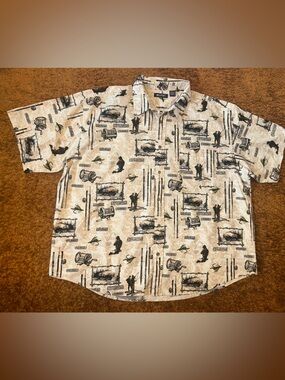 Puritan Beige Fishing Motif Short-Sleeve Button-Up Shirt 100% cotton